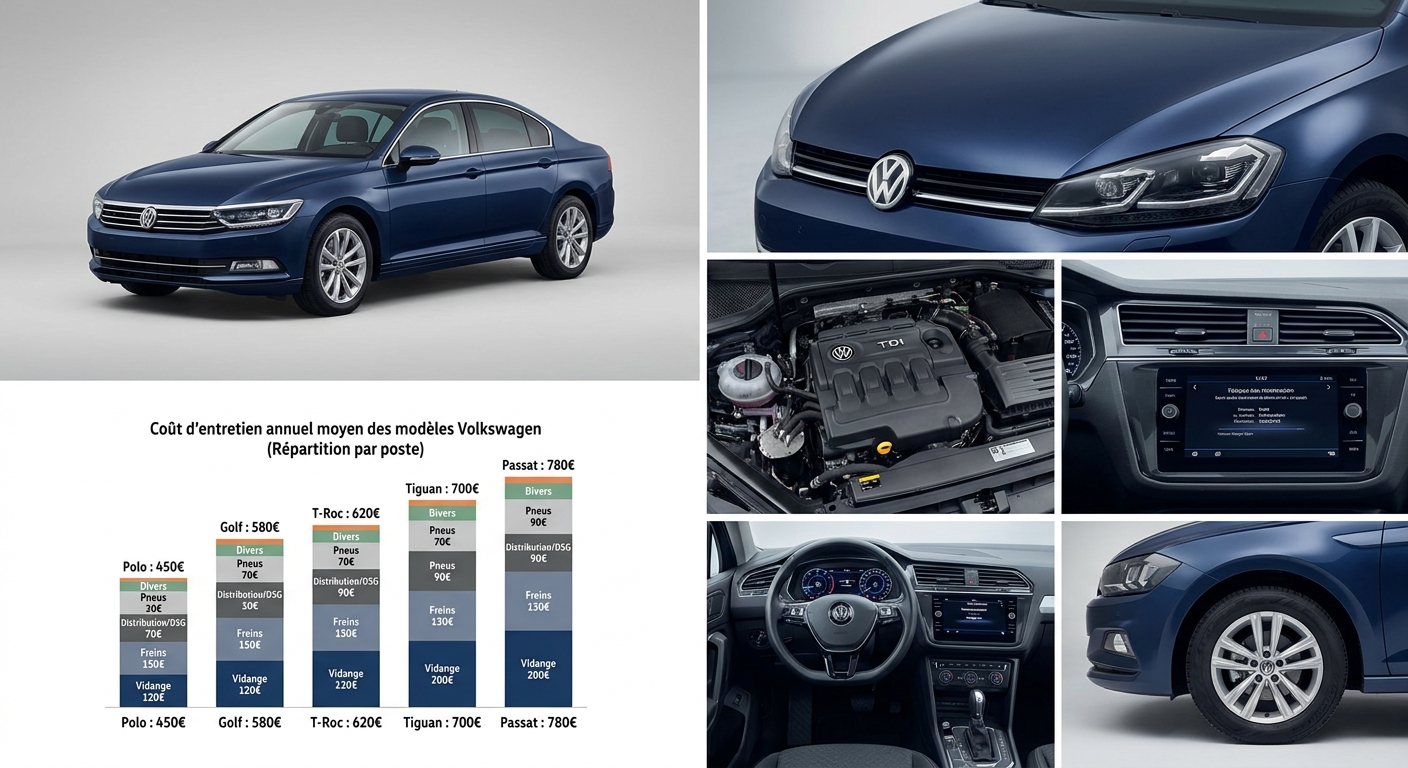Comparatif du budget d'entretien annuel moyen des Volkswagen par modèle avec décomposition par poste