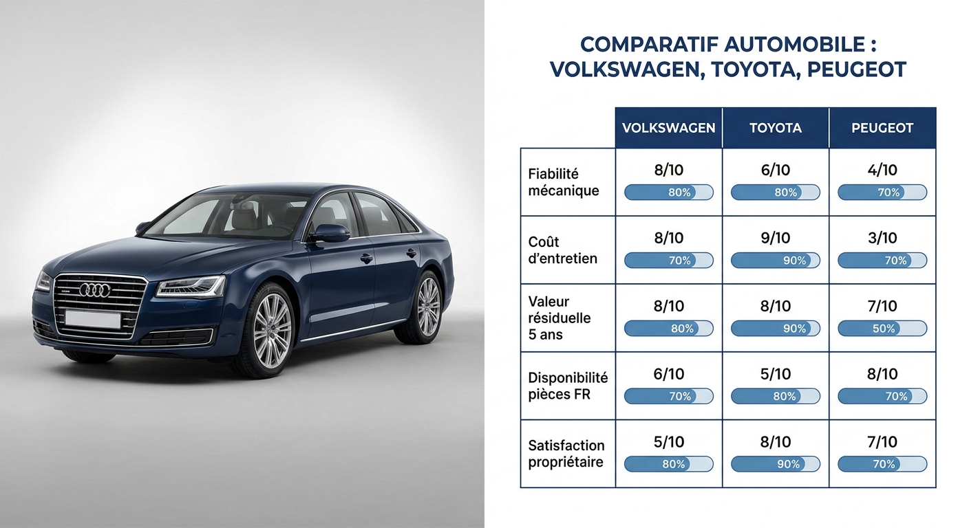Comparatif fiabilité Volkswagen versus Toyota versus Peugeot sur cinq critères avec notes