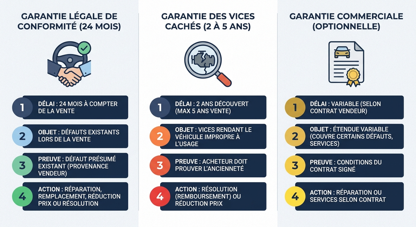 Infographie des trois garanties légales pour une voiture d'occasion en France