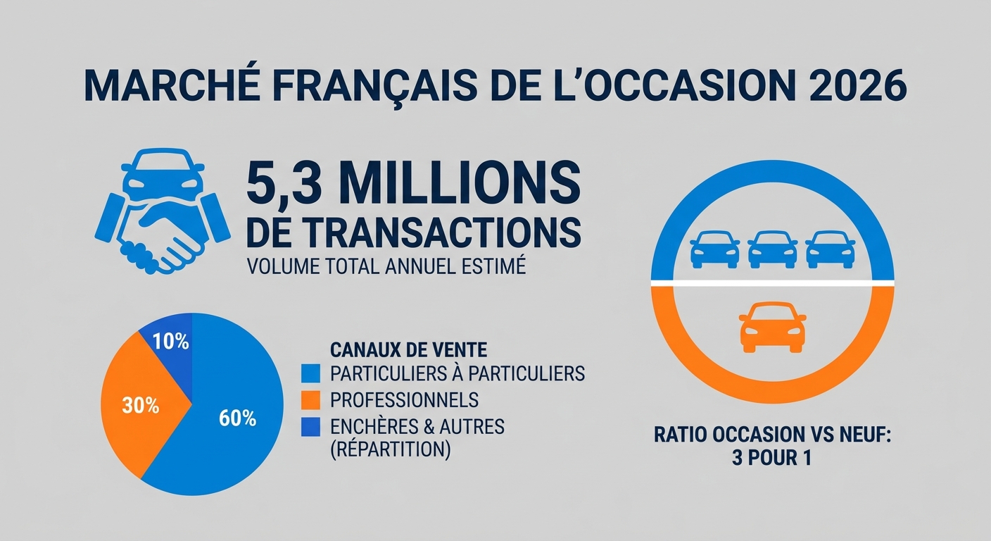 Infographie des chiffres clés du marché français de la voiture d'occasion en 2026
