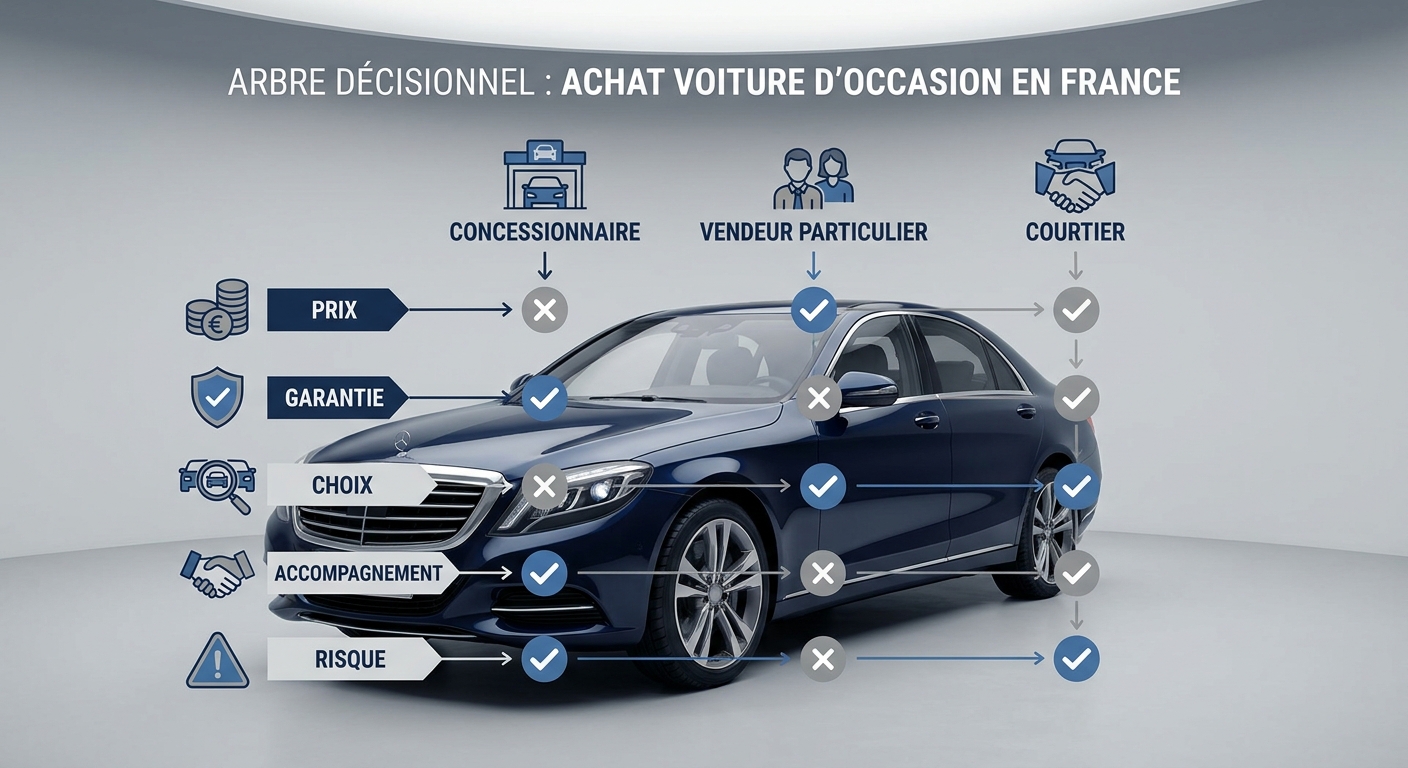 Arbre de décision pour choisir entre concessionnaire, particulier et mandataire en France