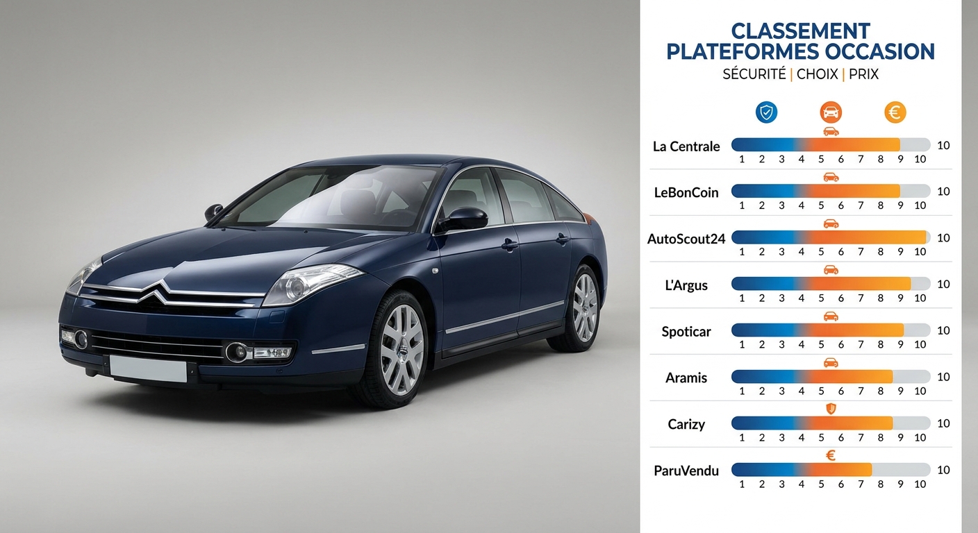 Infographie comparant les 8 principales plateformes françaises de voitures d'occasion