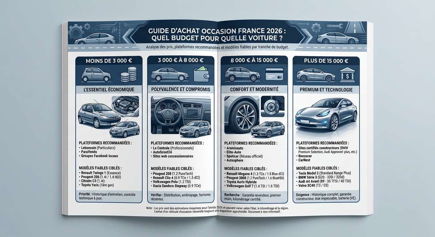 Infographie des plateformes recommandées selon le budget pour une voiture d'occasion
