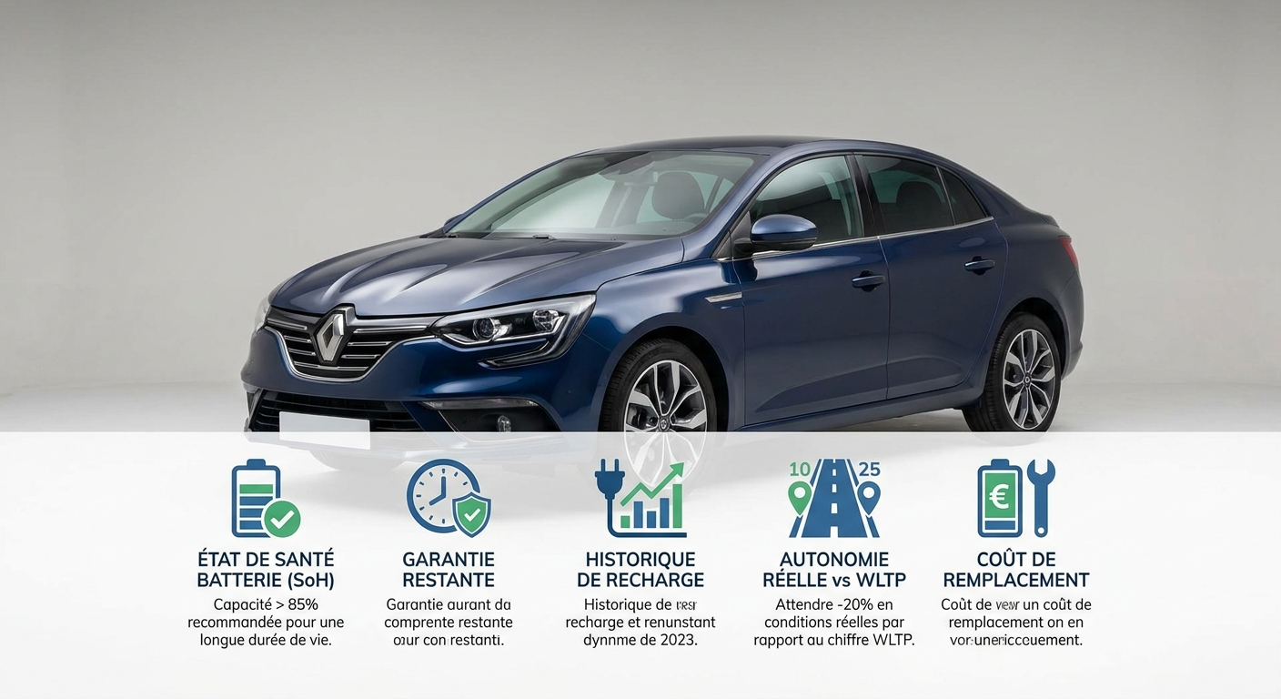 Infographie des cinq vérifications clés avant d'acheter une voiture électrique d'occasion