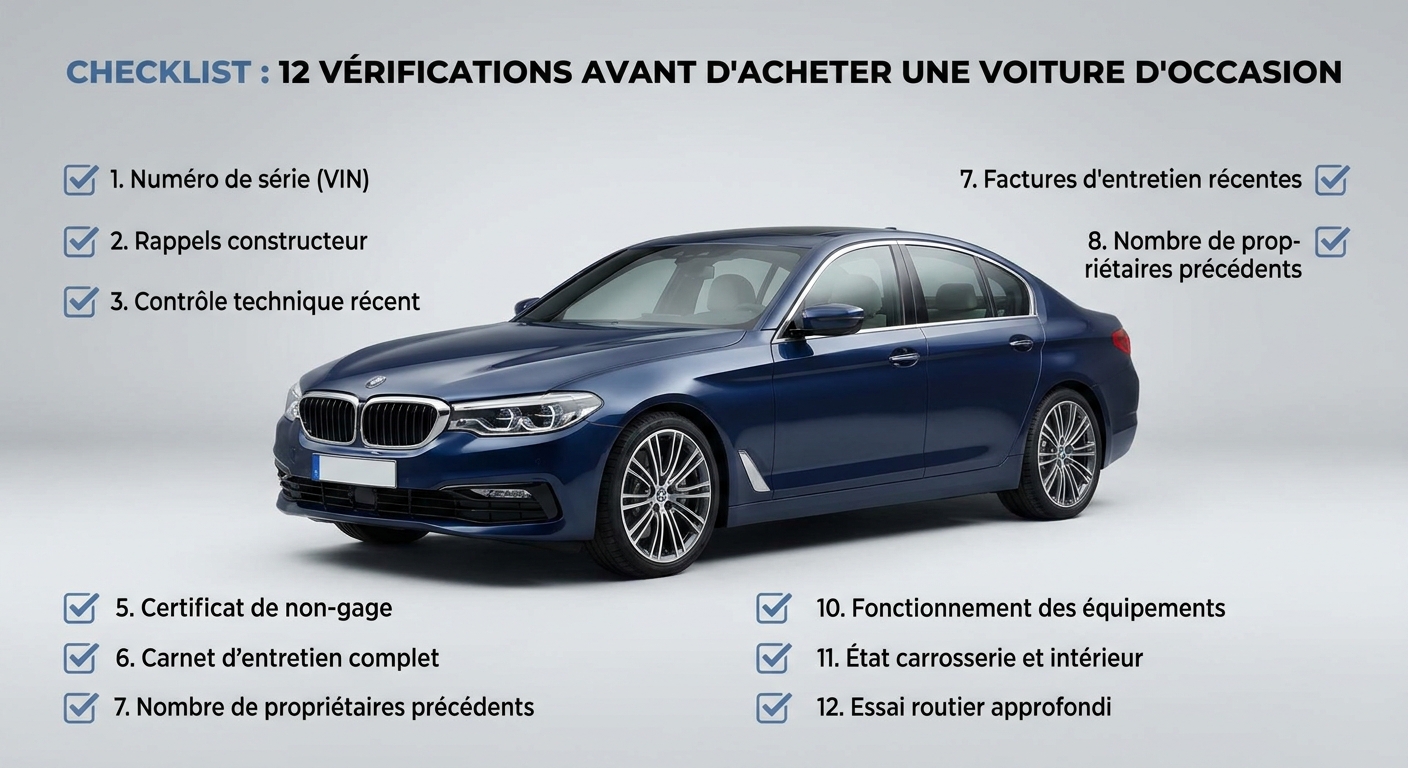 Infographie des 12 vérifications à faire avant de se déplacer pour acheter une voiture d'occasion