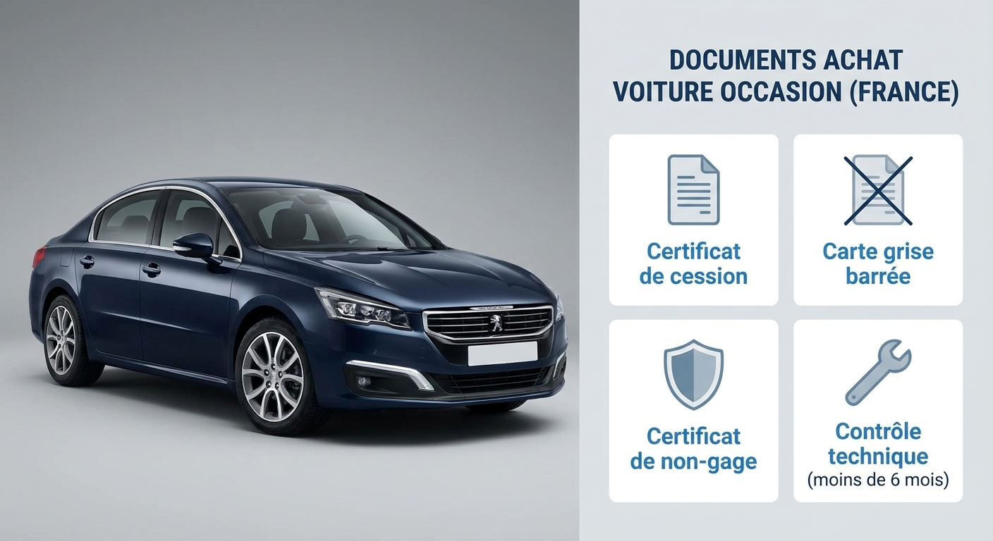 Infographie des documents obligatoires lors d'un achat de voiture d'occasion en France