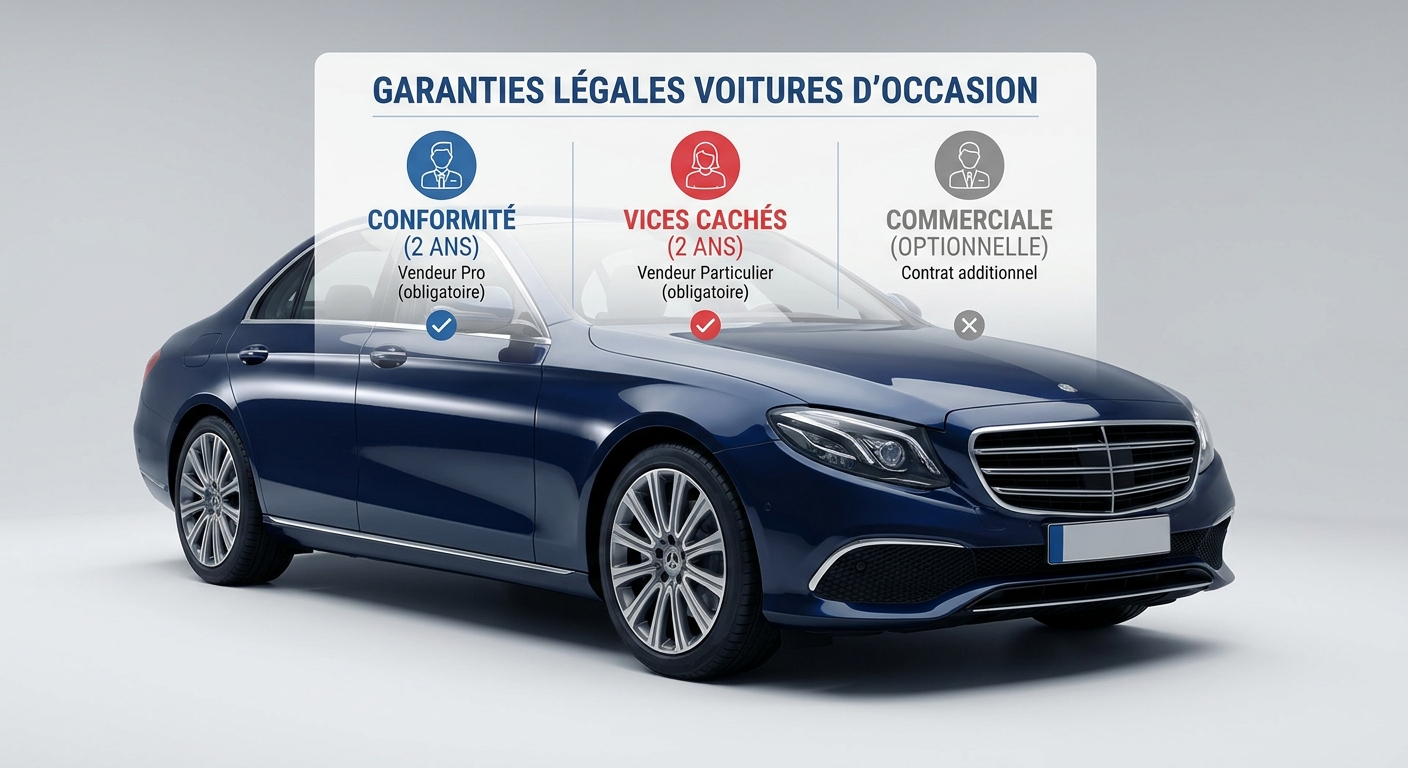 Infographie des garanties et recours juridiques applicables à l'achat d'une voiture d'occasion