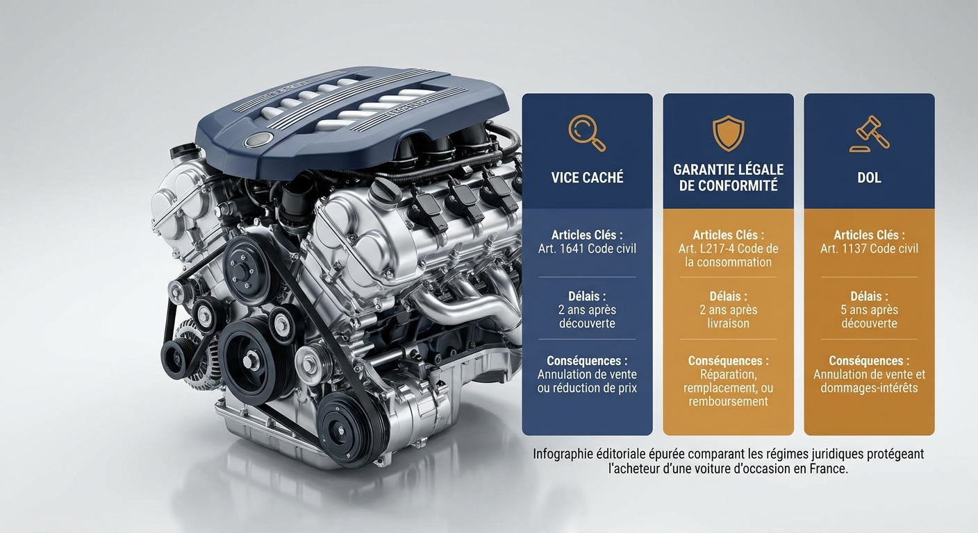 Infographie comparant vice caché, garantie légale et dol pour l'achat d'une voiture d'occasion