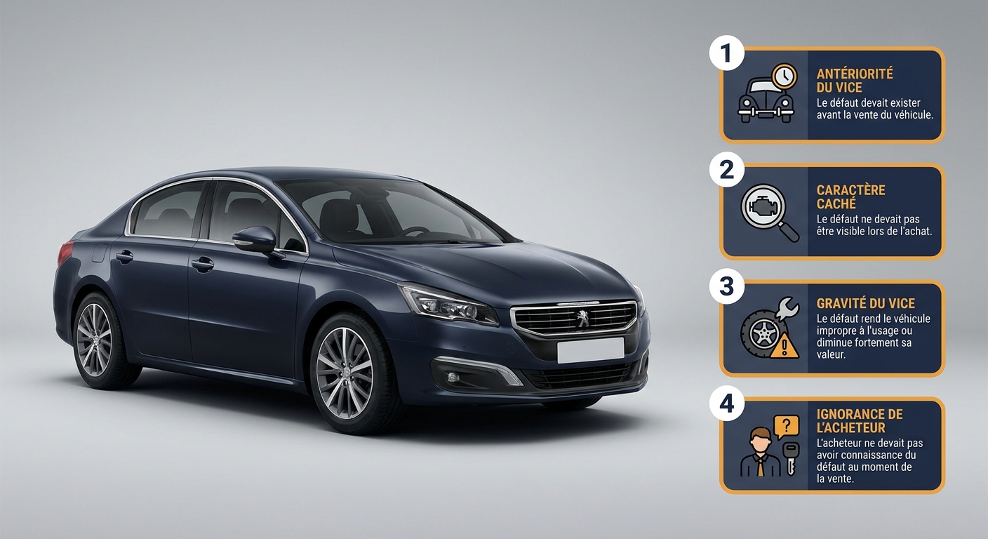Infographie des quatre conditions cumulatives du vice caché sur une voiture d'occasion