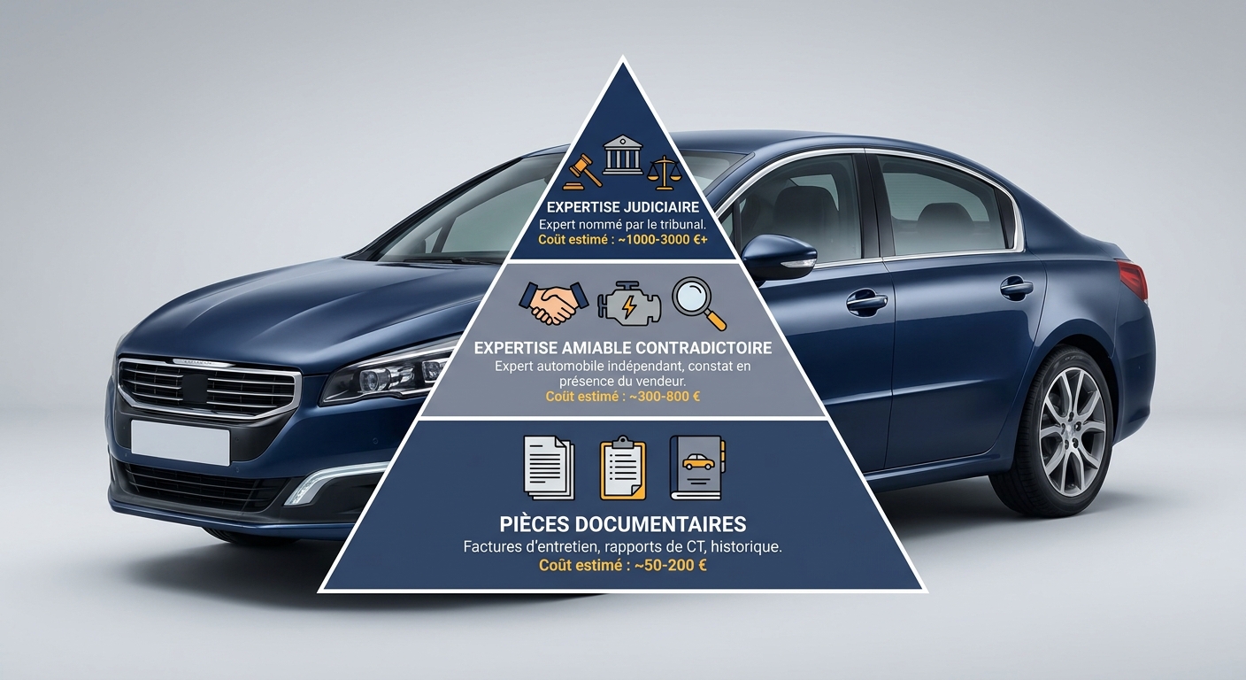 Infographie des trois niveaux de preuve d'un vice caché voiture