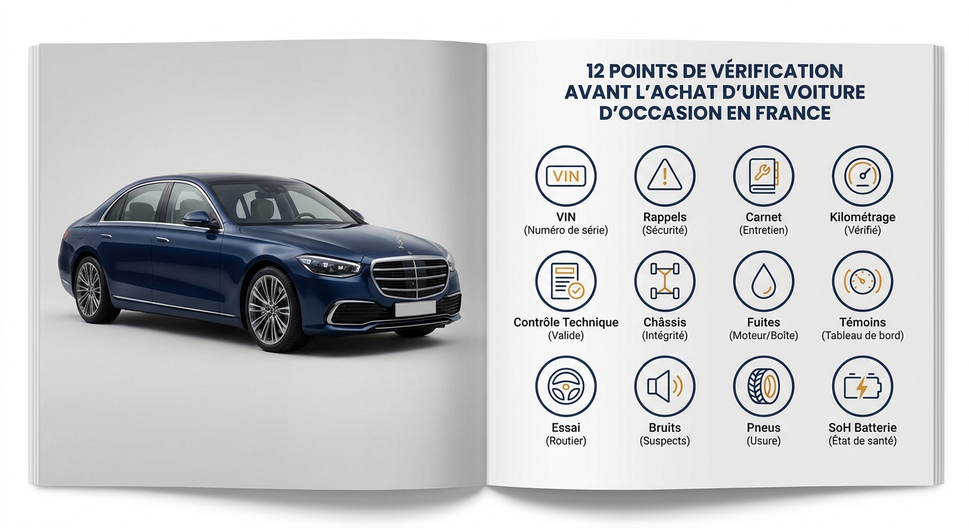 Infographie des 12 points à vérifier avant l'achat d'une voiture d'occasion