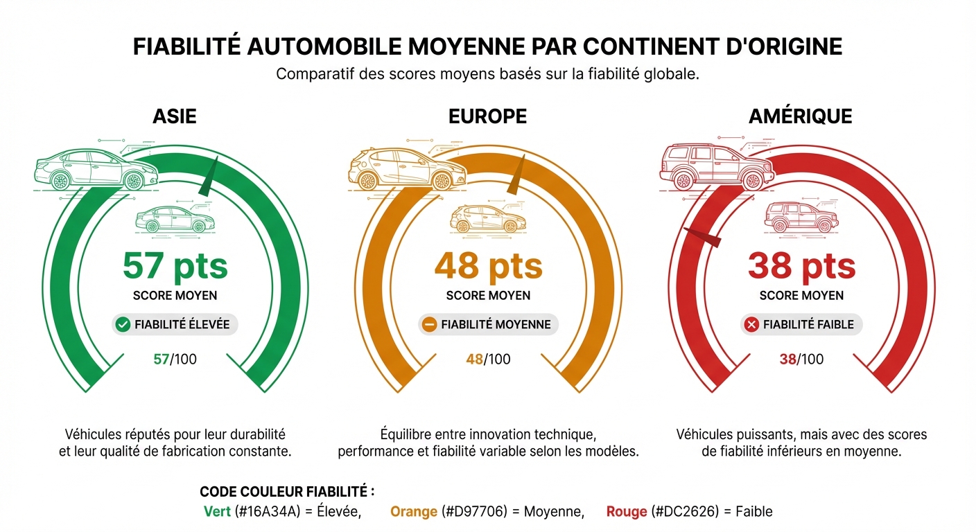 Comparaison des scores de fiabilité automobile par continent d'origine