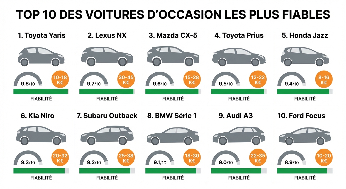 Top 10 des modèles de voitures d'occasion les plus fiables avec scores et prix