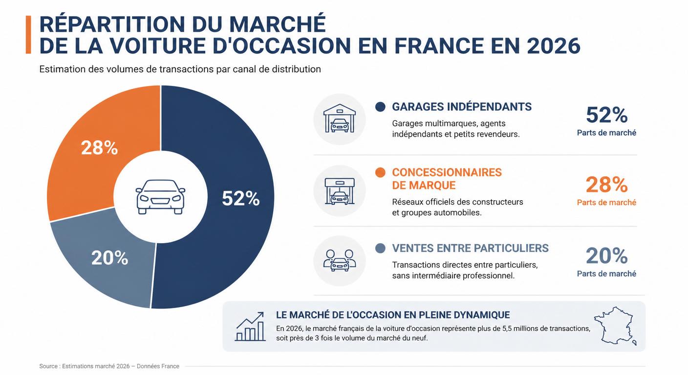 Infographie de la répartition du marché de la voiture d'occasion en France en 2026