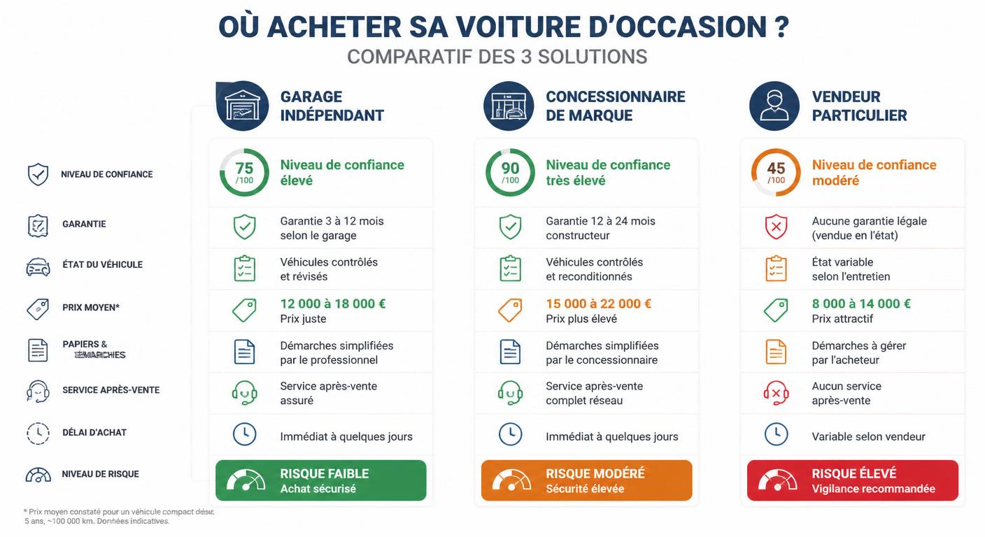 Infographie comparant garage, concessionnaire et particulier pour l'achat d'une voiture d'occasion