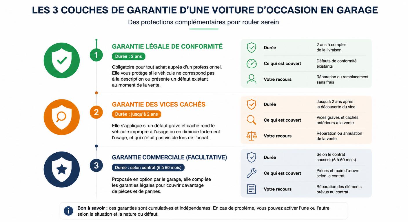 Infographie des trois garanties applicables à une voiture d'occasion vendue en garage