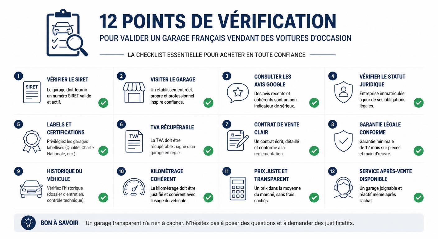 Infographie des 12 signaux à vérifier pour valider un garage vendant des voitures d'occasion