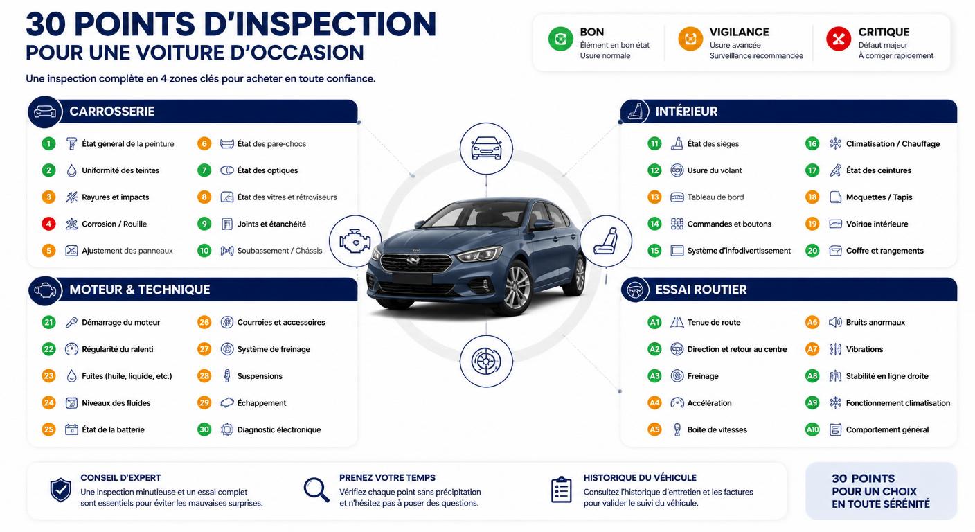 Infographie de la méthode d'inspection 30 points d'une voiture d'occasion en garage