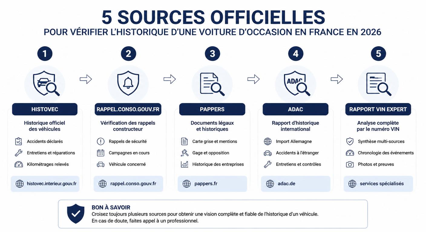 Infographie des cinq sources officielles pour vérifier l'historique d'une voiture d'occasion
