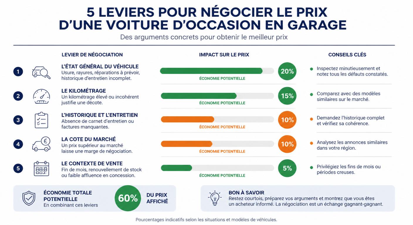 Infographie des cinq leviers de négociation du prix chez un garage automobile