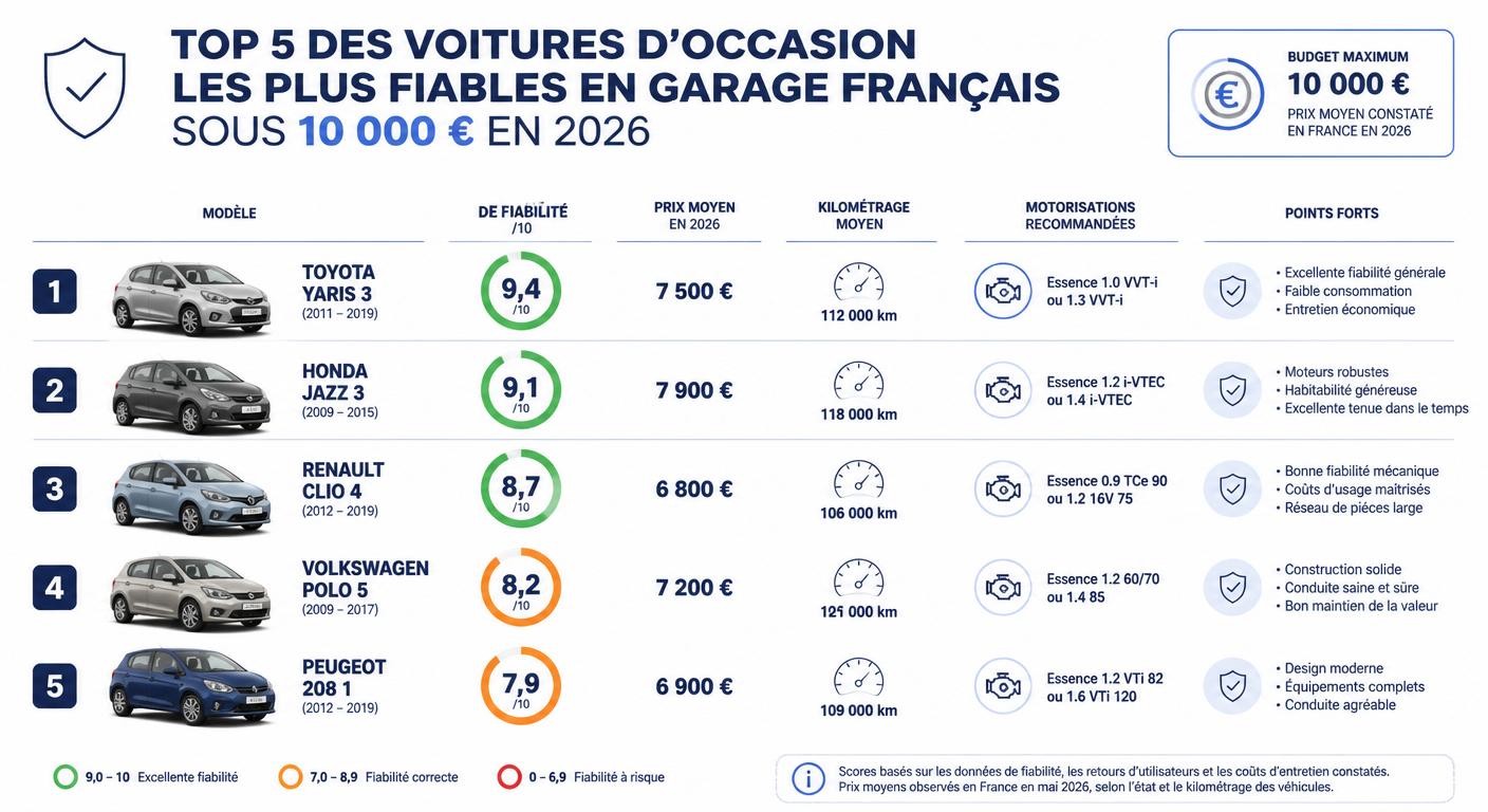 Infographie des cinq occasions fiables disponibles en garage sous 10 000 euros en 2026